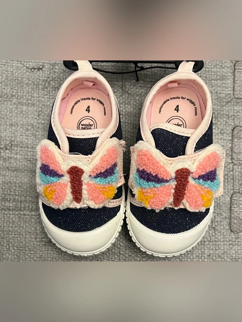 Wonder Nation Girls Casual Sneakers Size 4 Navy/Pink Butterfly Hook & Loop